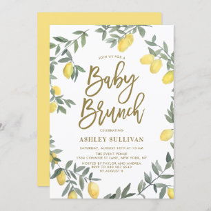 Boho Watercolor Lemon Wreath Gold Baby Brunch Invitation