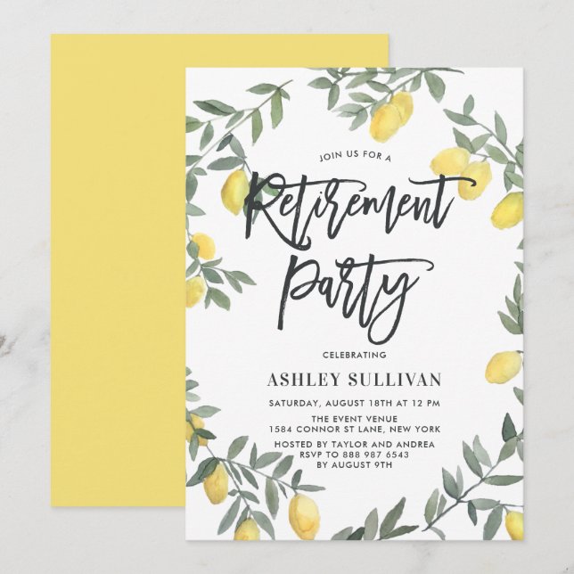 Boho Watercolor Lemon Wreath Retirement Party Invitation (Front/Back)