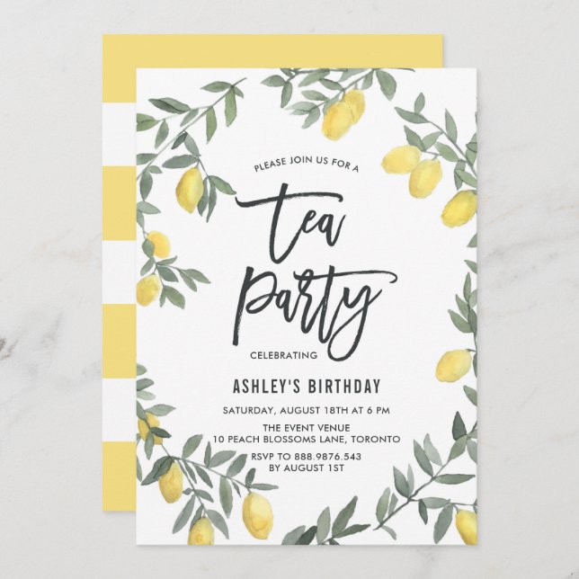 Boho Watercolor Lemon Wreath Tea Party Invitation (Front/Back)