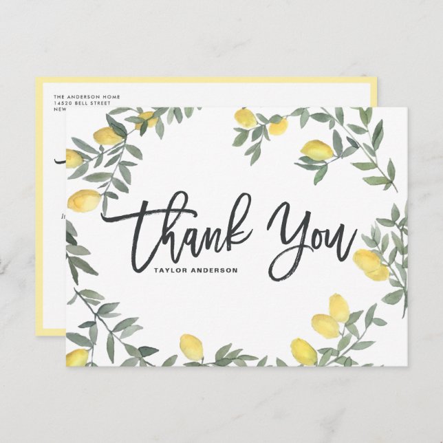 Boho Watercolor Lemon Wreath Thank You Postcard (Front/Back)