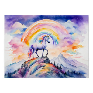 Boho Watercolor Magical Unicorn Beneath Glowing Ra Poster