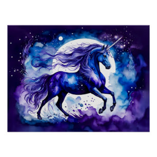 Boho Watercolor Majestic Blue Unicorn Under Starry Poster