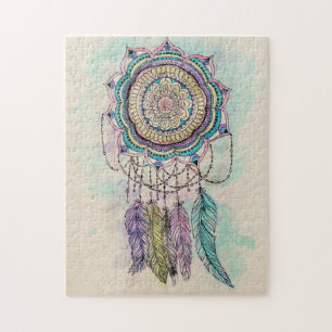 Boho Watercolor Mandala Dreamcatcher Jigsaw Puzzle