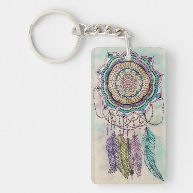 Boho Watercolor Mandala Dreamcatcher Key Ring (Front)