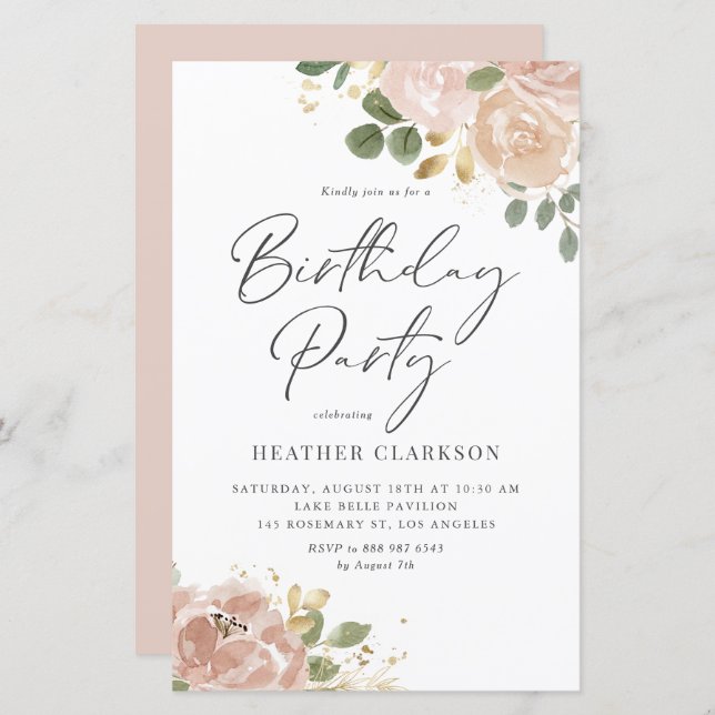 Boho Watercolor Mauve Peach Flowers Birthday Party (Front/Back)