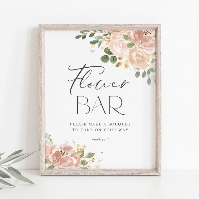 Boho Watercolor Mauve Peach Flowers Flower Bar Poster (Elegant Flower Bar Sign with Watercolor Mauve Peach Flowers and Faux Gold Foil Accents)