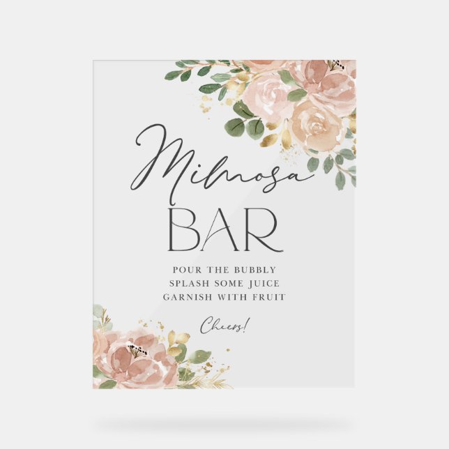 Boho Watercolor Mauve Peach Flowers Mimosa Bar Acrylic Sign (Front)