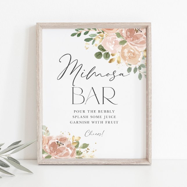 Boho Watercolor Mauve Peach Flowers Mimosa Bar Poster (Boho Mimosa Bar Sign featuring watercolor mauve peach flowers and faux gold foil accents.)