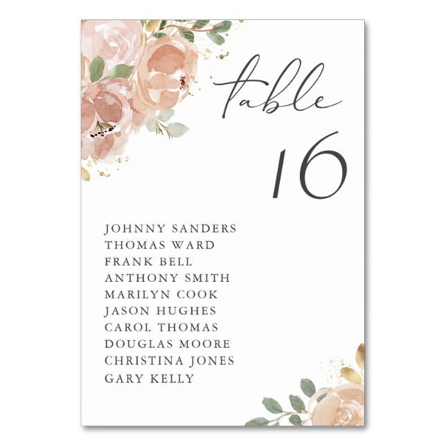 Boho Watercolor Mauve Peach Flowers Seating Table Number (Front)