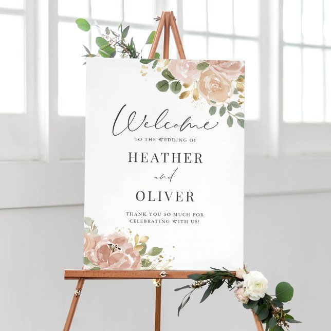 Boho Watercolor Mauve Peach Flowers Wedding Poster (Boho Watercolor Mauve Peach Flowers Wedding Welcome Sign)