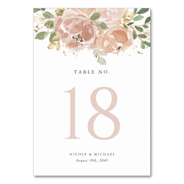Boho Watercolor Mauve Peach Flowers Wedding Table Number (Front)