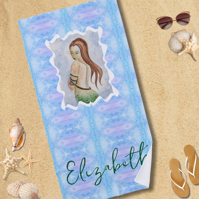 Boho Watercolor Mermaid Personalised Beach Towel (Creator Uploaded)