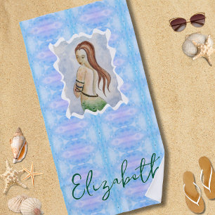 Boho Watercolor Mermaid Personalized Beach Towel