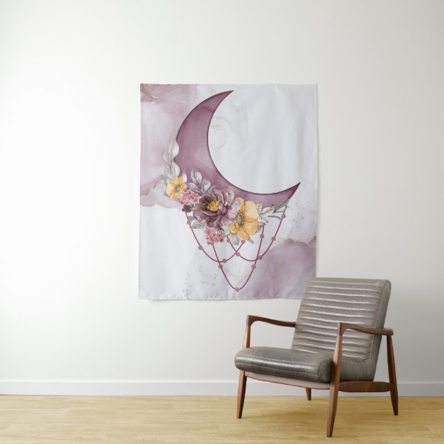 Boho Watercolor Moon Dreamcatcher Tapestry (In Situ)