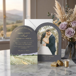 Boho Watercolor Mountain Arch Photo Wedding Minima Invitation