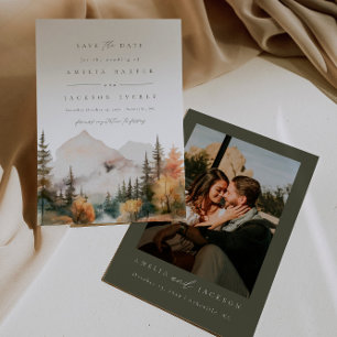 Boho Watercolor Mountain Wedding Save The Date Invitation