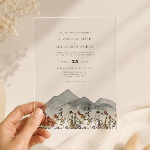 Boho Watercolor Mountain Wildflower Wedding Acrylic Invitations