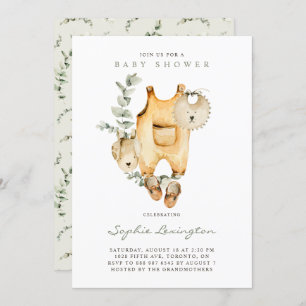 Boho Watercolor Overalls Eucalyptus Baby Shower Invitation