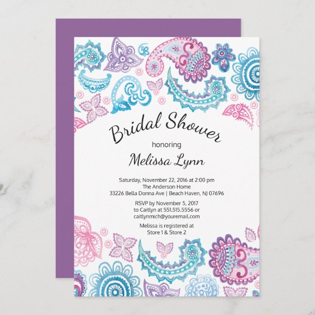 Boho Watercolor Paisley Pattern Bridal Shower Invitation (Front/Back)