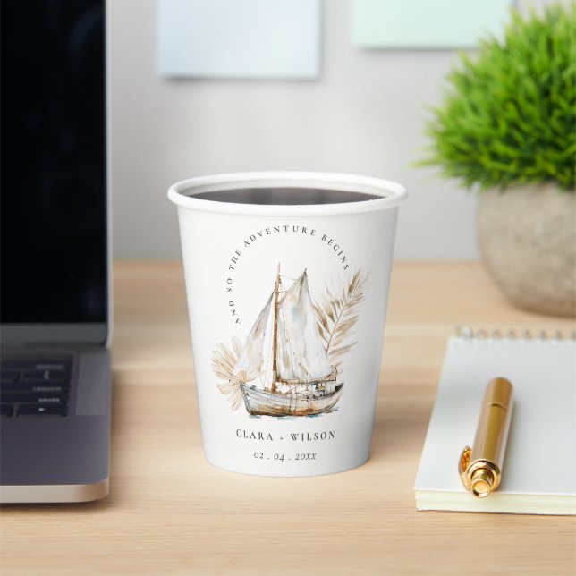 Boho Watercolor Palm Sailboat Seascape Wedding  Paper Cups (Insitu)