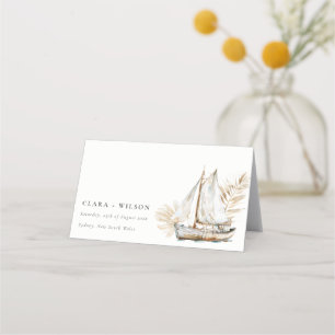 Boho Watercolor Palm Sailboat Seascape Wedding Place Card