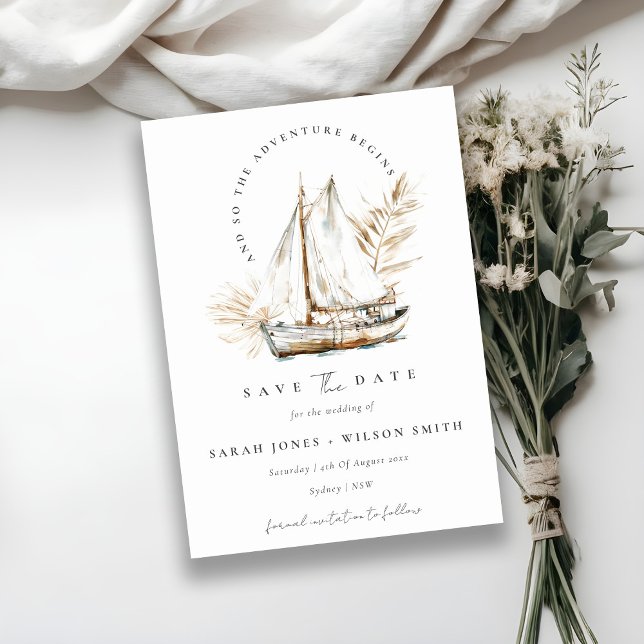 Boho Watercolor Palm Sailboat Seascape Wedding  Save The Date (Creator Uploaded)