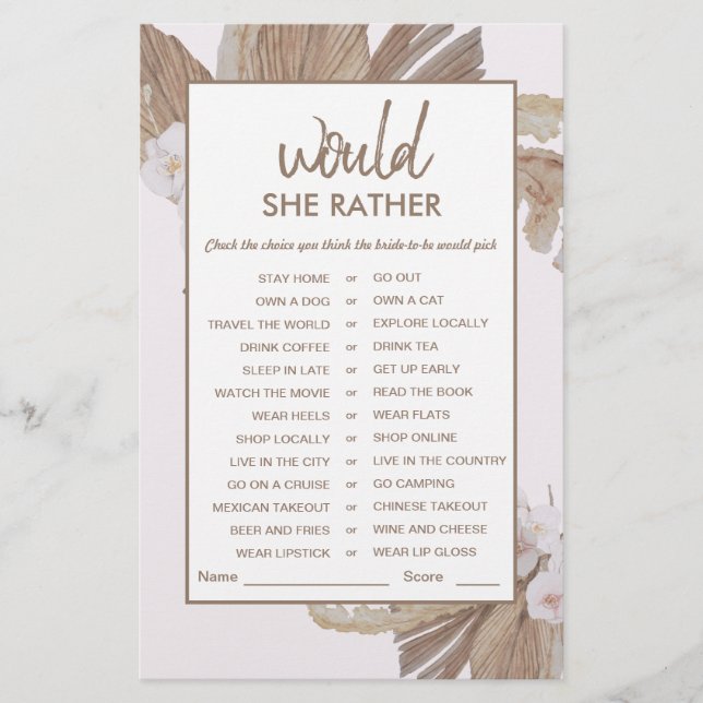 Boho Watercolor Pampas Grass Bridal Shower Game (Front)