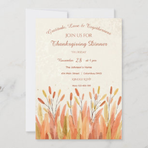 Boho Watercolor Pampas Grass & Rustic Thanksgiving Invitation