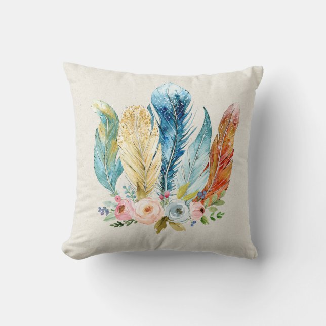 Boho Watercolor Pastel Fearhers Cushion (Front)