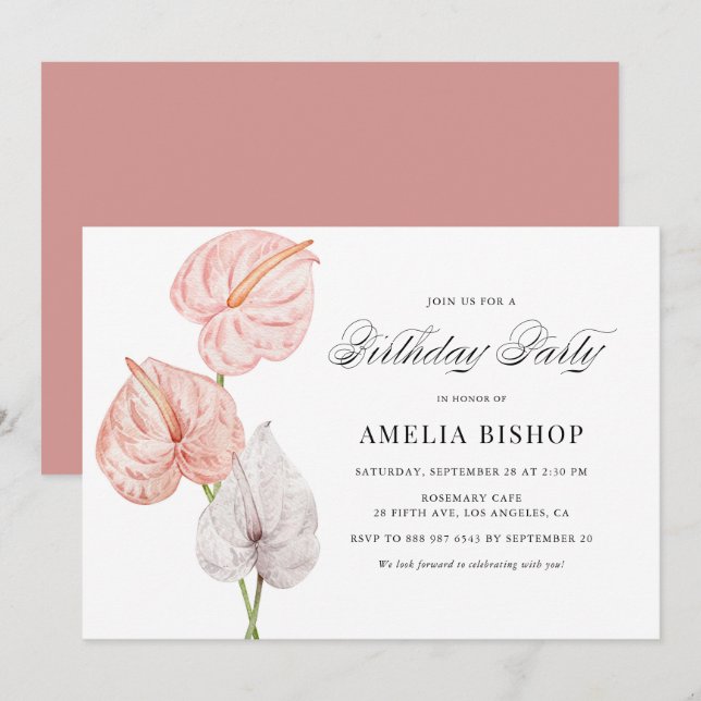 Boho Watercolor Pink Anthuriums Tropical Birthday Invitation (Front/Back)