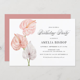 Boho Watercolor Pink Anthuriums Tropical Birthday Invitation
