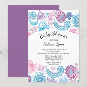 Boho Watercolor Pink Blue Paisley Baby Shower Invitation