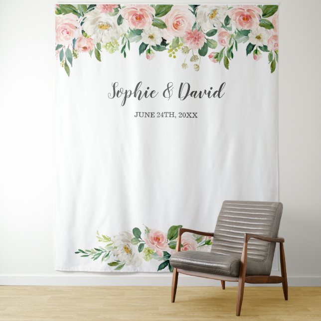 Boho Watercolor Pink Blush Flowers Wedding Tapestry (In Situ)