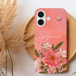 Boho Watercolor Pink Coral Florals Script Name iPhone 16 Case