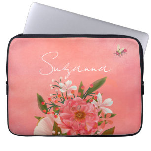 Boho Watercolor Pink Coral Florals Script Name Laptop Sleeve