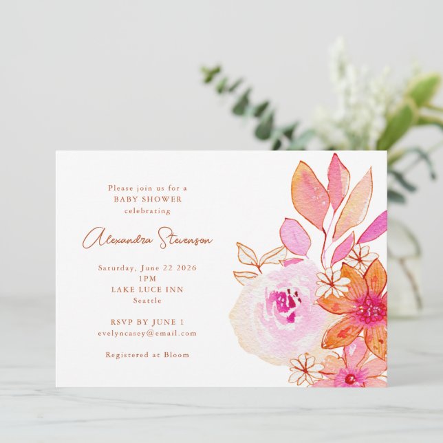 Boho Watercolor Pink Orange Flowers Baby Shower Invitation (Standing Front)