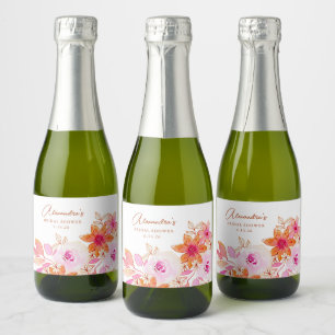Boho Watercolor Pink Orange Flowers Bridal Shower  Sparkling Wine Label