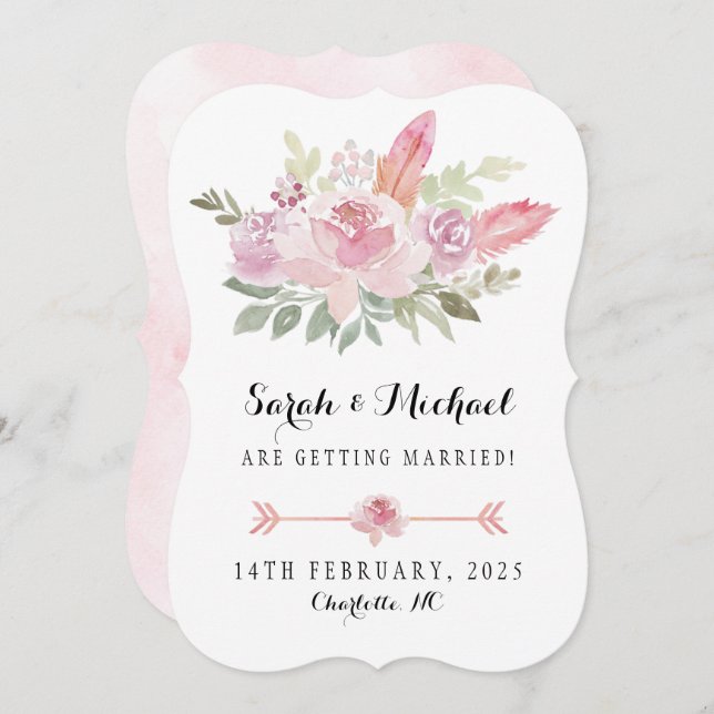 Boho Watercolor pink roses and feathers Save The Date (Front/Back)