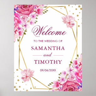 Boho Watercolor Pink Roses Wedding Welcome Poster
