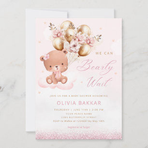 Boho Watercolor Pink Teddy Bear Girl Baby Shower Invitation
