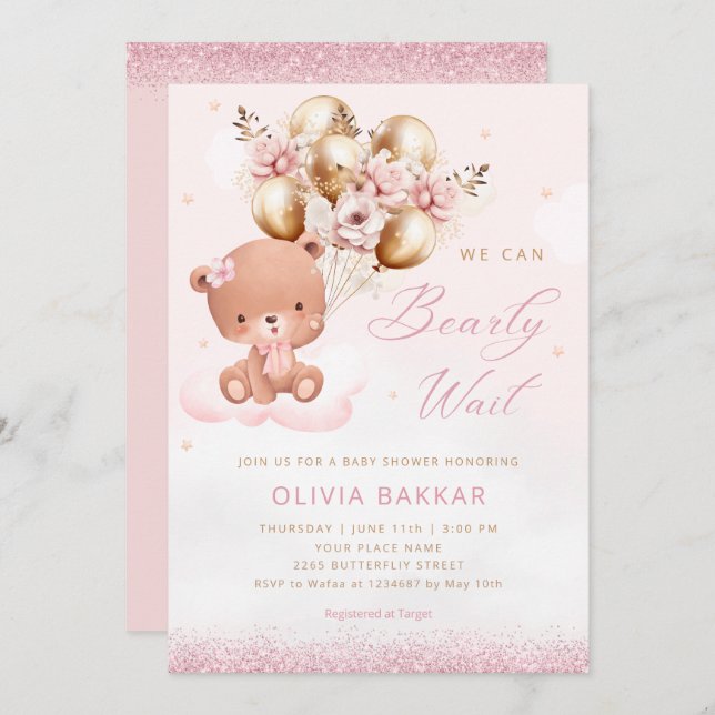 Boho Watercolor Pink Teddy Bear Girl Baby Shower Invitation (Front/Back)