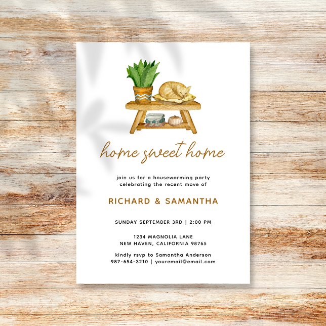 Boho Watercolor Plants Cat Housewarming Invitation (Creator Uploaded)