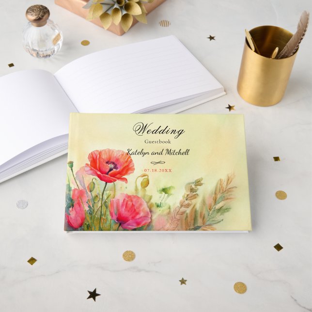 Boho Watercolor Poppies Wedding  Guest Book (Front Open)