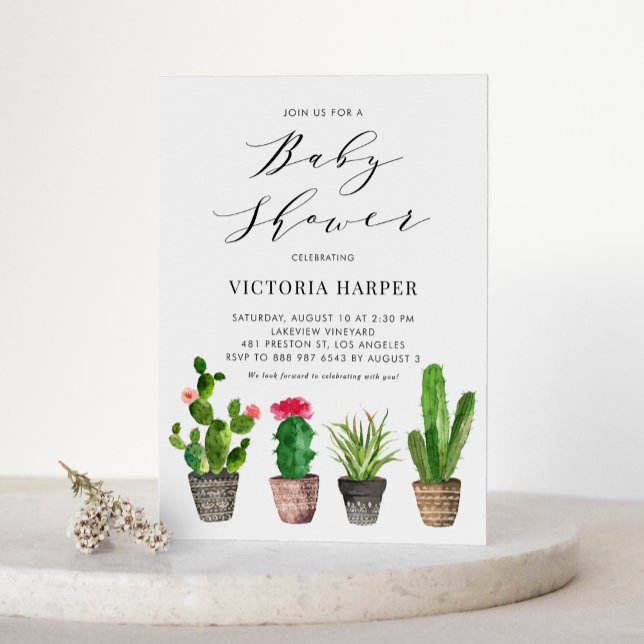 Boho Watercolor Potted Cactus Baby Shower Invitation (Creator Uploaded)