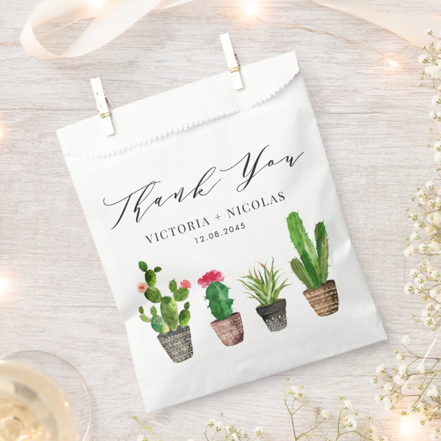 Boho Watercolor Potted Cactus Wedding Thank You Favour Bag (Clipped)