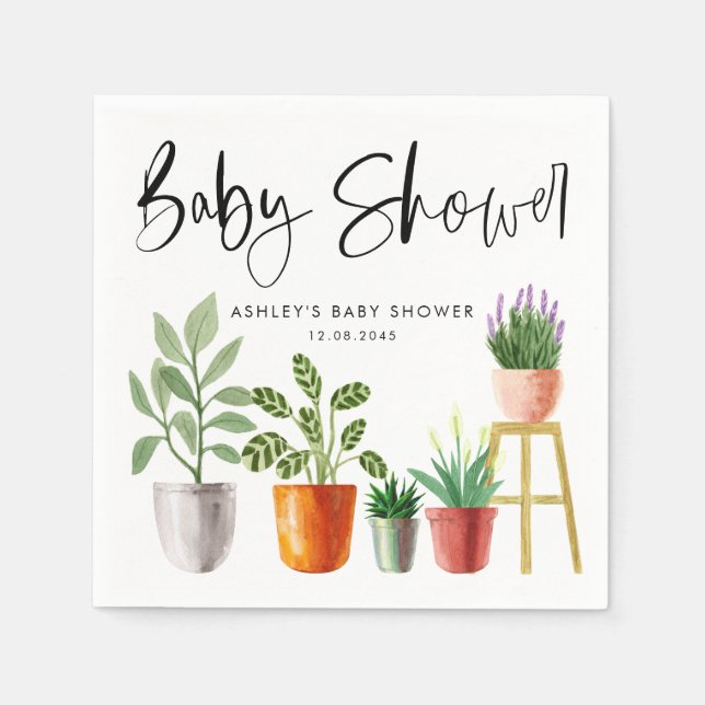 Boho Watercolor Potted Houseplants Baby Shower Napkin (Front)