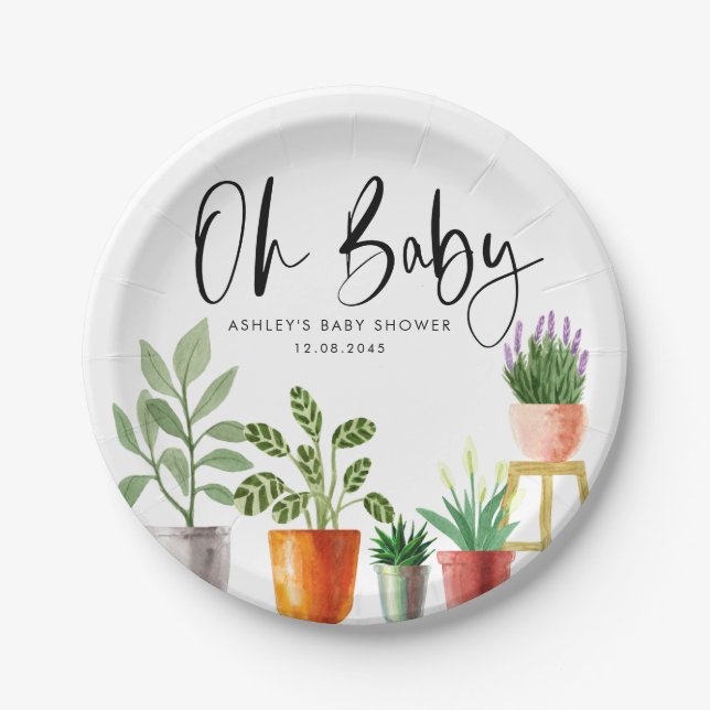 Boho Watercolor Potted Houseplants Baby Shower Paper Plate (Front)