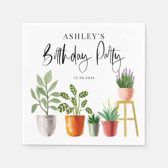 Boho Watercolor Potted Houseplants Birthday Party Napkin (Front)