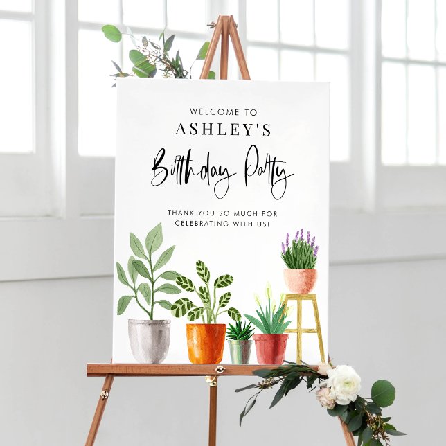 Boho Watercolor Potted Houseplants Birthday Party Poster (Customizable boho birthday party welcome sign featuring watercolor potted houseplants. )