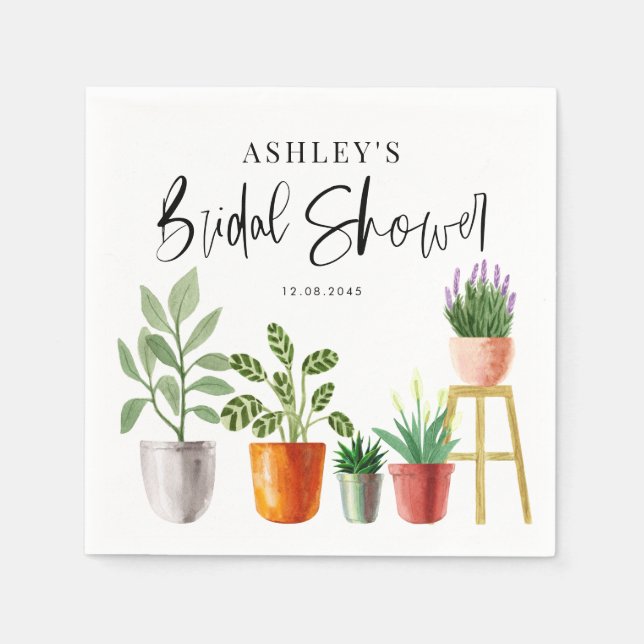 Boho Watercolor Potted Houseplants Bridal Shower Napkin (Front)